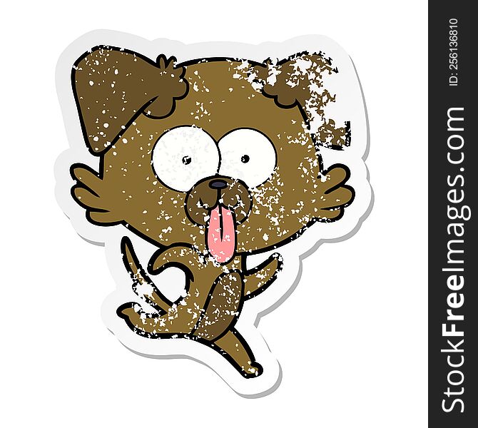 distressed sticker of a cartoon dog with tongue sticking out