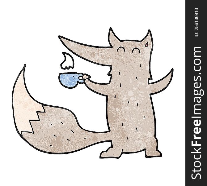 Textured Cartoon Wolf With Coffee Cup