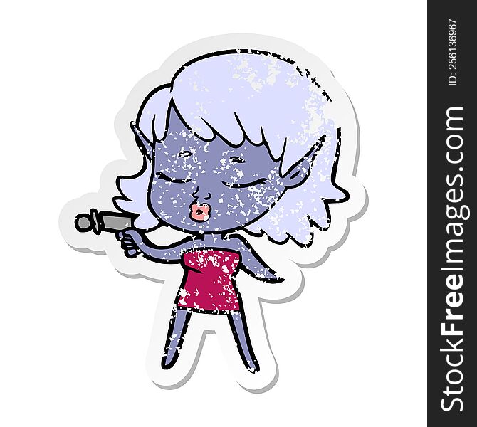 distressed sticker of a pretty cartoon alien girl with ray gun