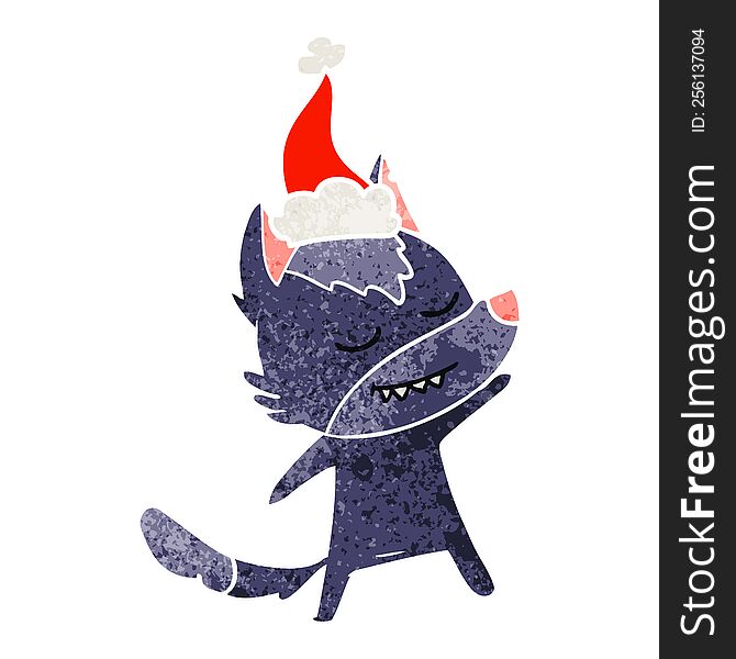Friendly Retro Cartoon Of A Wolf Wearing Santa Hat