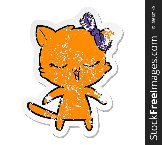 Distressed Sticker Of A Cartoon Cat With Bow On Head