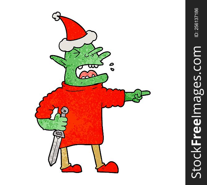 hand drawn textured cartoon of a goblin with knife wearing santa hat
