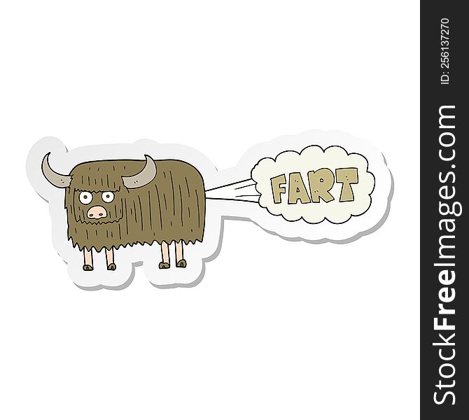 sticker of a cartoon hairy cow farting