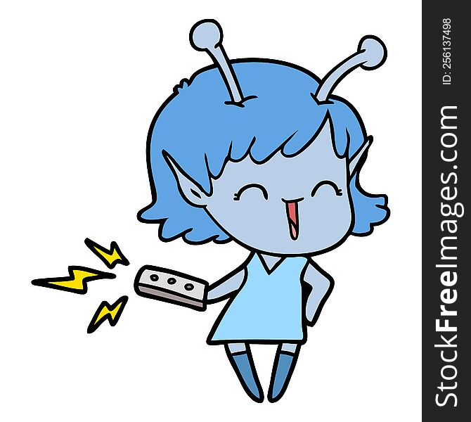 cartoon alien girl laughing with remote control. cartoon alien girl laughing with remote control