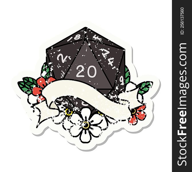 grunge sticker of a natural twenty D20 dice roll. grunge sticker of a natural twenty D20 dice roll