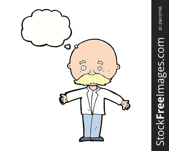 Cartoon Bald Man With Open Arms With Thought Bubble