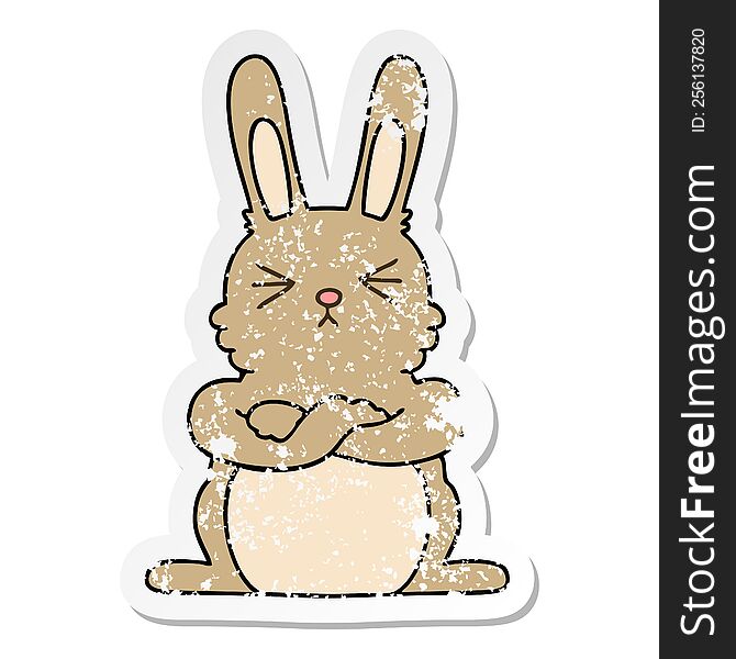 distressed sticker of a quirky hand drawn cartoon rabbit