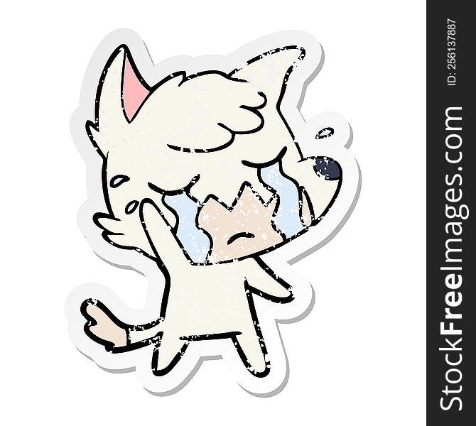 Distressed Sticker Of A Crying Waving Fox Cartoon