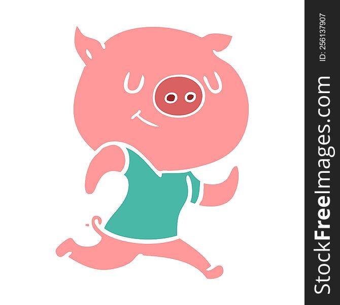 Happy Flat Color Style Cartoon Pig Running