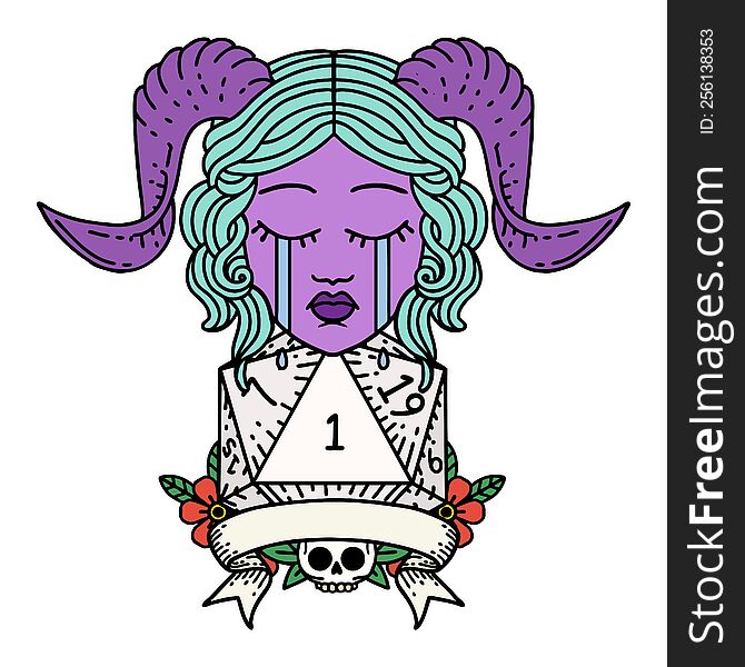 Crying Tiefling Face With Natural 1 D20 Dice Illustration