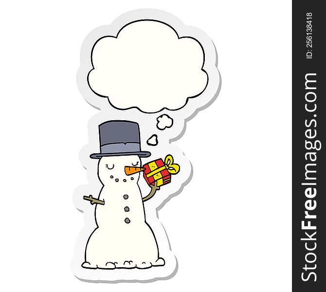cartoon christmas snowman with thought bubble as a printed sticker