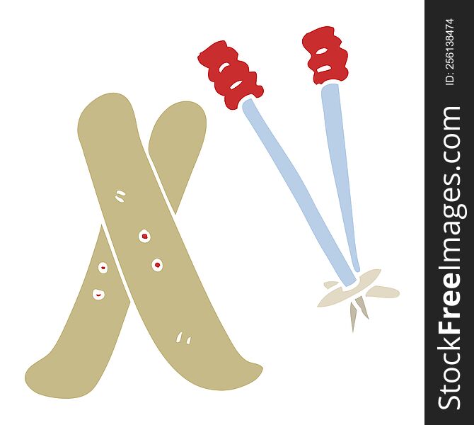 Flat Color Illustration Cartoon Ski And Poles