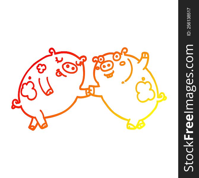 warm gradient line drawing of a cartoon pigs dancing