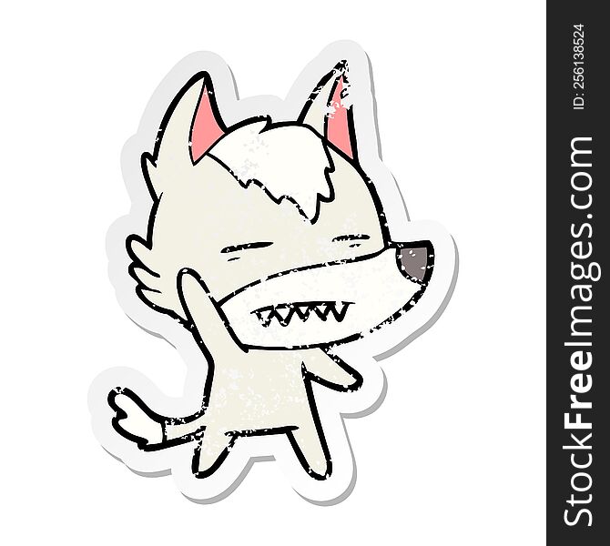 Distressed Sticker Of A Cartoon Wolf Waving Showing Teeth
