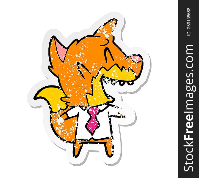 distressed sticker of a laughing fox in shirt and tie
