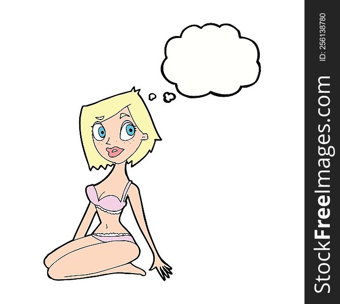 Cartoon Pretty Woman In Underwear With Thought Bubble