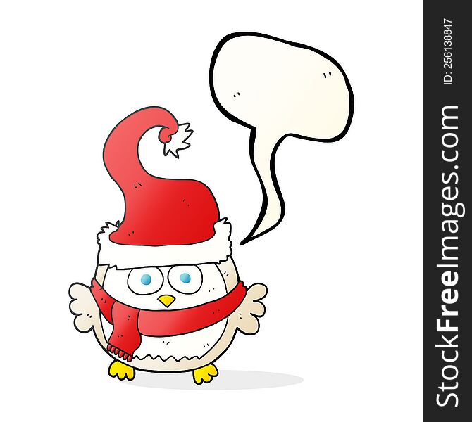 freehand drawn speech bubble cartoon owl wearing christmas hat