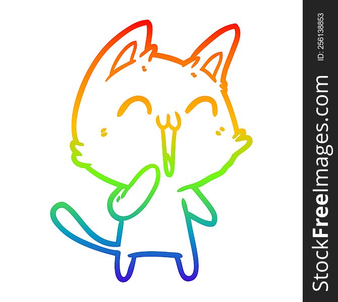 rainbow gradient line drawing of a happy cartoon cat meowing
