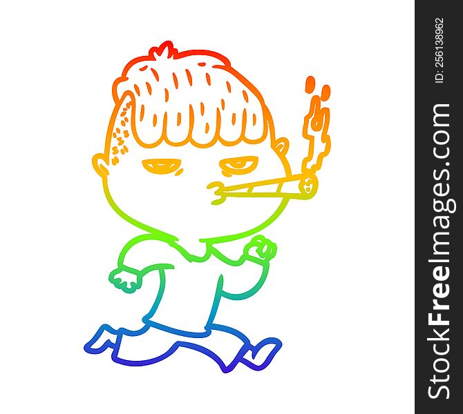 Rainbow Gradient Line Drawing Cartoon Man Smoking Whilst Running