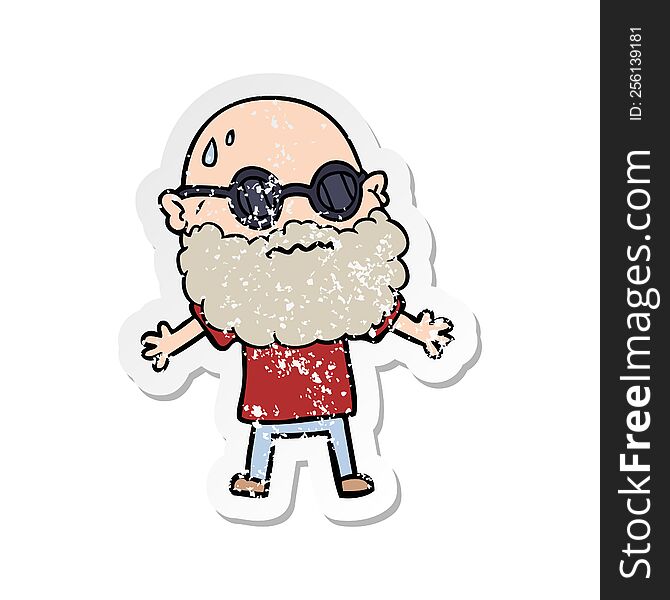 Distressed Sticker Of A Cartoon Worried Man With Beard And Sunglasses