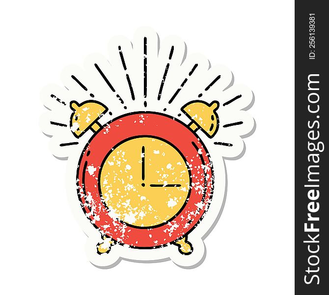 worn old sticker of a tattoo style ringing alarm clock. worn old sticker of a tattoo style ringing alarm clock