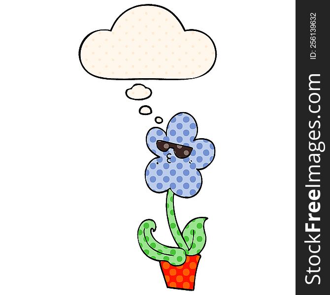 cool cartoon flower with thought bubble in comic book style