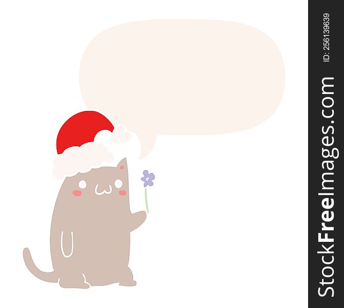 Cute Cartoon Christmas Cat And Speech Bubble In Retro Style
