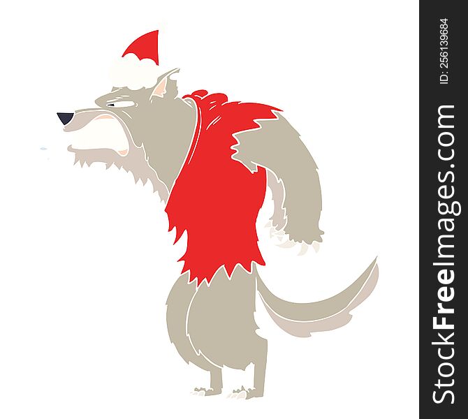 Angry Werewolf Flat Color Illustration Of A Wearing Santa Hat