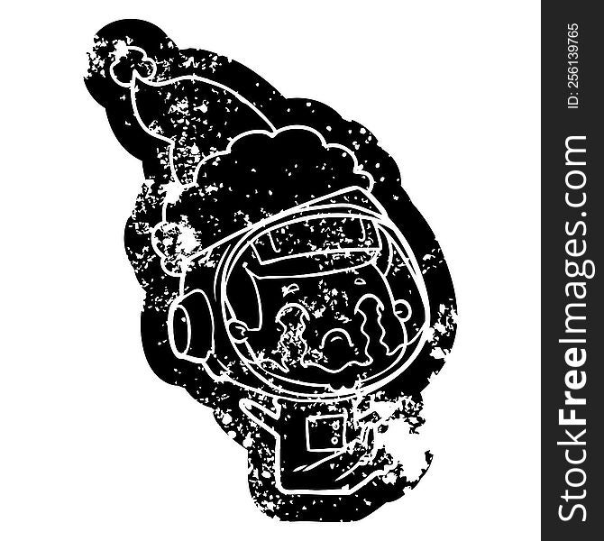 quirky cartoon distressed icon of a crying astronaut wearing santa hat