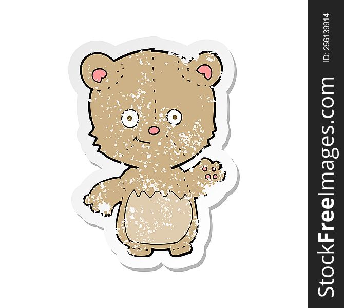 retro distressed sticker of a cartoon little teddy bear waving