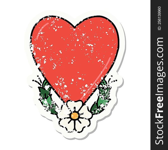 distressed sticker tattoo in traditional style of a heart and flower. distressed sticker tattoo in traditional style of a heart and flower
