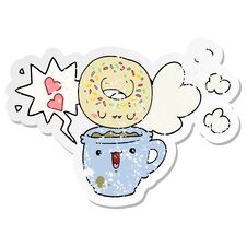 Cute Cartoon Donut And Coffee And Speech Bubble Distressed Sticker Stock Image