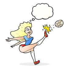 Cartoon Female Soccer Player Kicking Ball With Thought Bubble Stock Photo