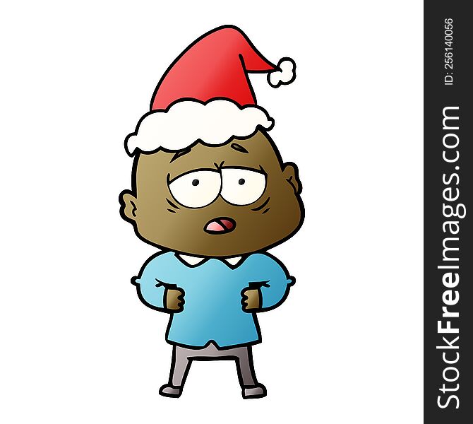 Gradient Cartoon Of A Tired Bald Man Wearing Santa Hat