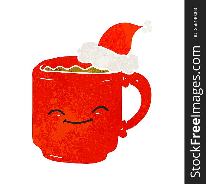 Retro Cartoon Of A Coffee Mug Wearing Santa Hat