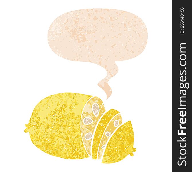 Cartoon Sliced Lemon And Speech Bubble In Retro Textured Style