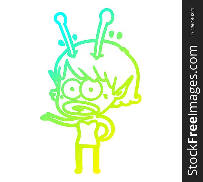 cold gradient line drawing of a cartoon shocked alien girl