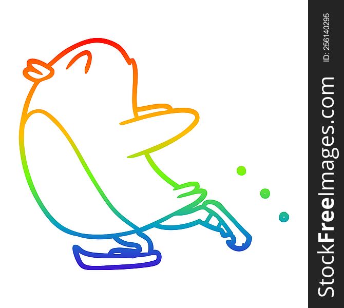 rainbow gradient line drawing of a cartoon penguin ice skating