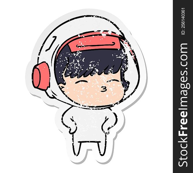 distressed sticker of a cartoon curious astronaut