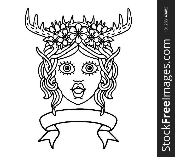 Black and White Tattoo linework Style elf druid character face with banner. Black and White Tattoo linework Style elf druid character face with banner