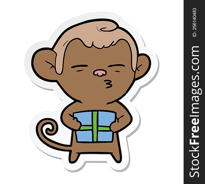Sticker Of A Cartoon Suspicious Monkey With Present