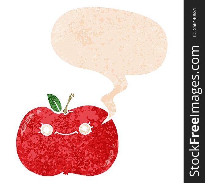 Cute Cartoon Apple And Speech Bubble In Retro Textured Style