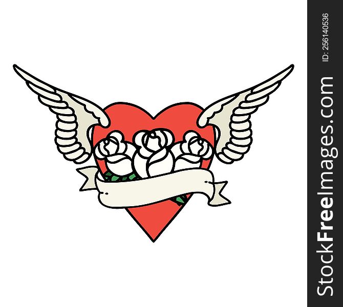 tattoo in traditional style of heart with wings flowers and banner. tattoo in traditional style of heart with wings flowers and banner