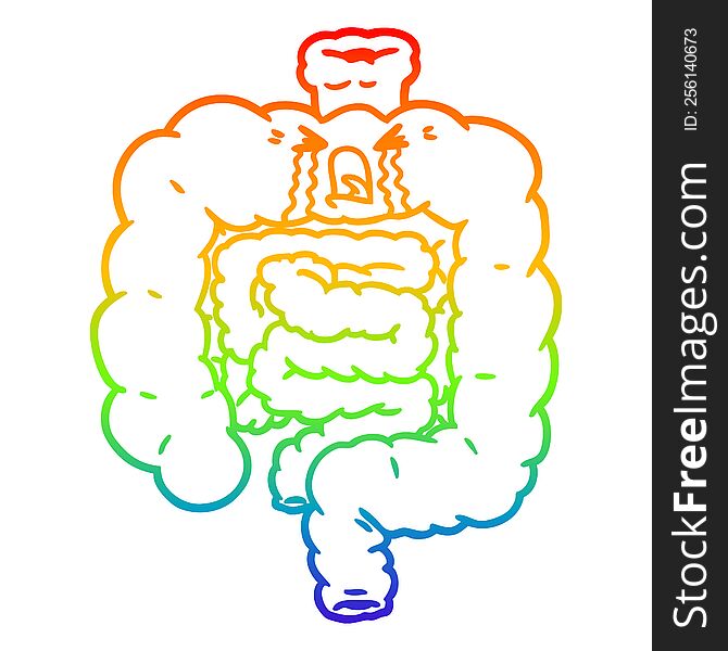 rainbow gradient line drawing of a cartoon intestines crying