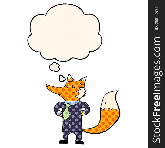 cartoon fox businessman with thought bubble in comic book style