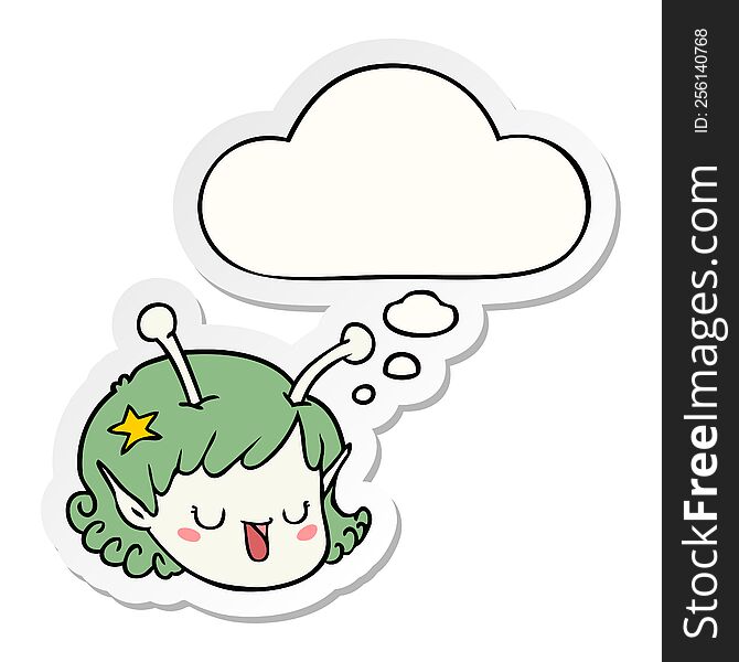 cartoon alien space girl face with thought bubble as a printed sticker