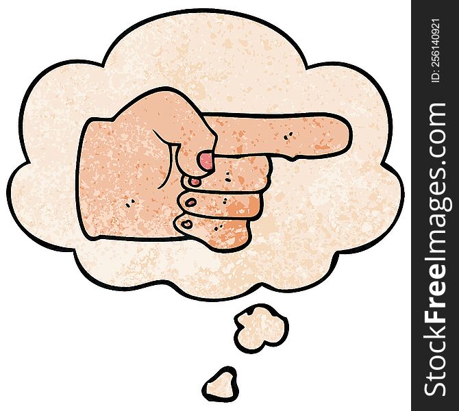 Cartoon Pointing Hand And Thought Bubble In Grunge Texture Pattern Style