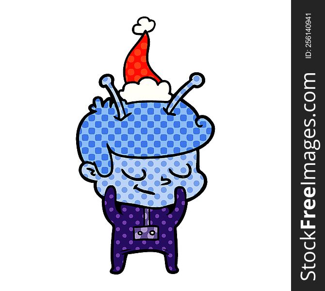 shy hand drawn comic book style illustration of a spaceman wearing santa hat