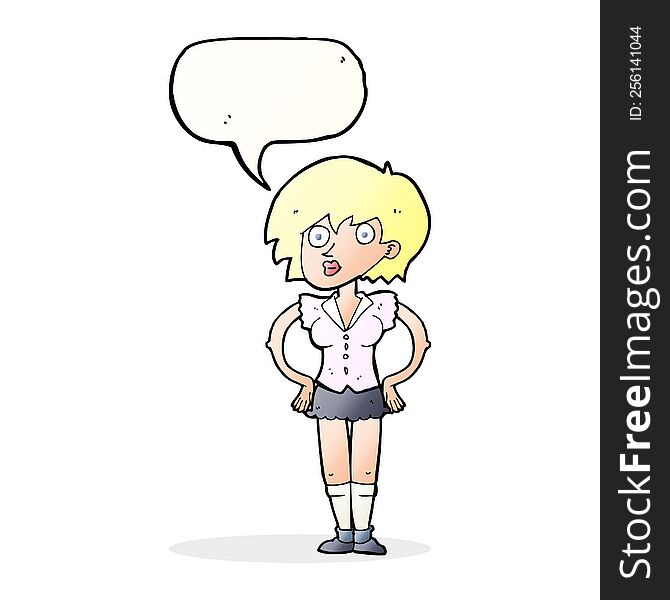 Cartoon Surprised Woman With Hands On Hips With Speech Bubble