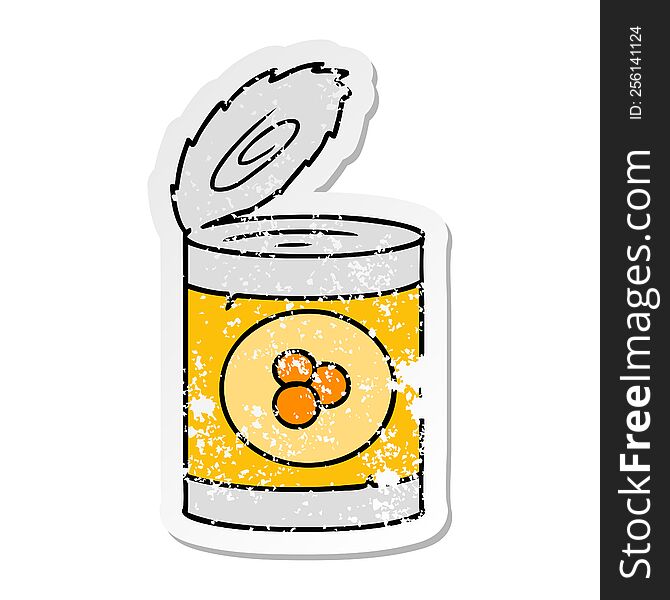 Distressed Sticker Cartoon Doodle Of A Can Of Peaches